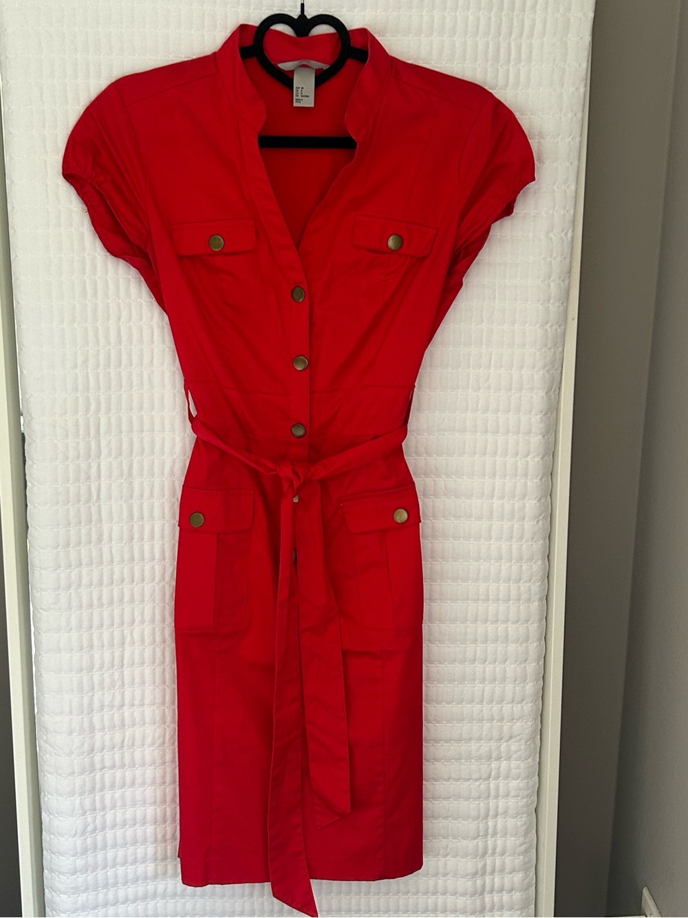 H&M Red Short-Sleeve Belted Shirt Midi Dress